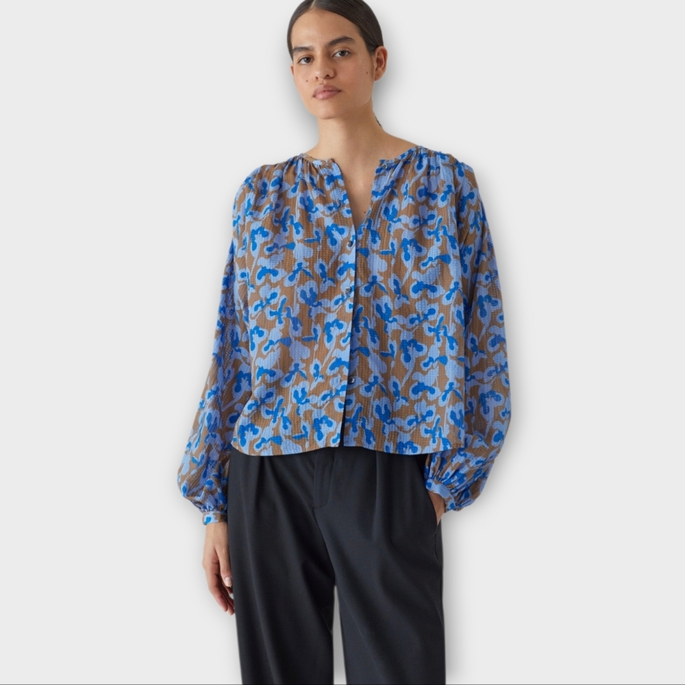 CLOSED Germany Gathered Blouse In Nutmeg & Multi Blue Balloon Sleeve Large